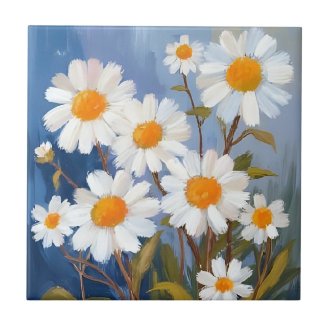 Carreau Marguerites blanches fleurs aquarelle peintes (Devant)