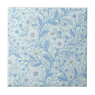 Carreau Marguerites en blanc et bleu sur verre de mer
