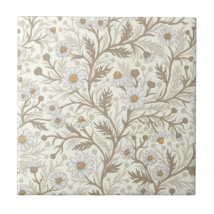 Carreau Marguerites en blanc et marron sur fond blanc cass