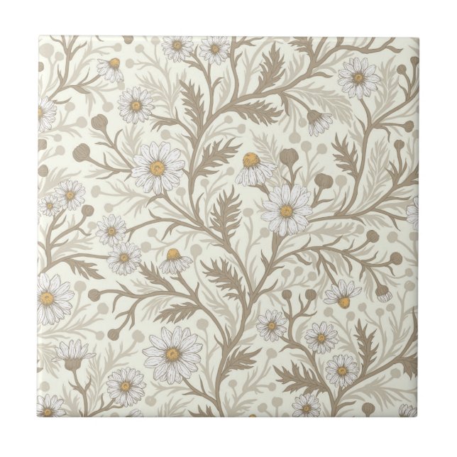 Carreau Marguerites en blanc et marron sur fond blanc cass (Devant)