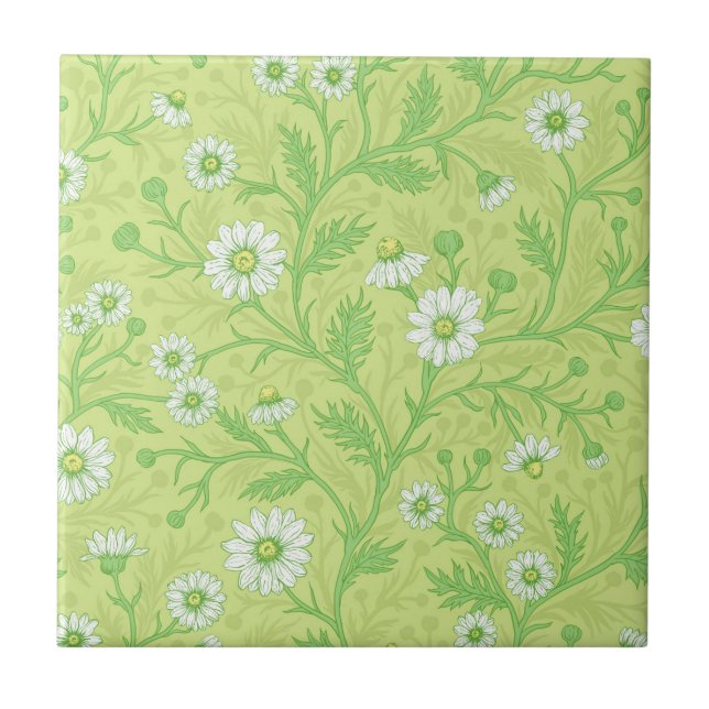 Carreau Marguerites en blanc et vert sur fond vert miel (Devant)