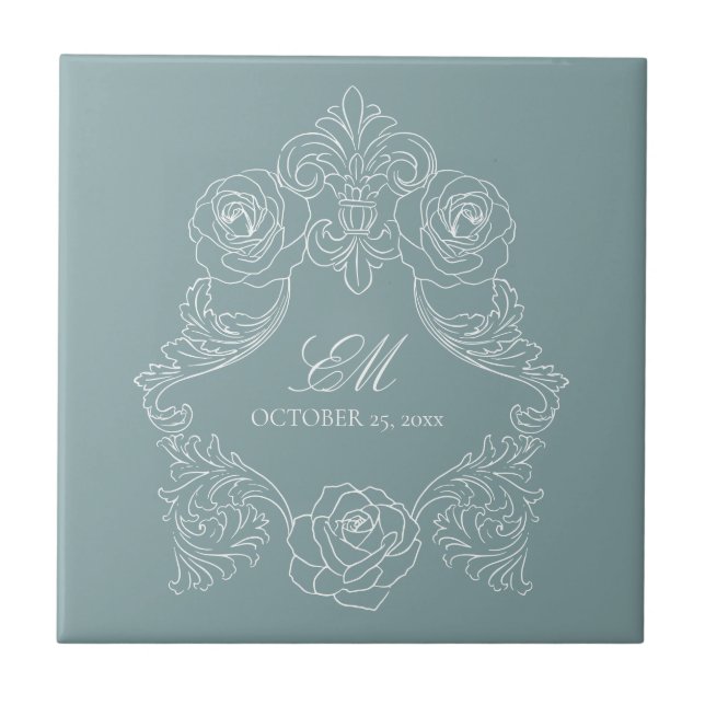 Carreau Mariage Régence Bleu Poussière au Blason Monogramm (Devant)