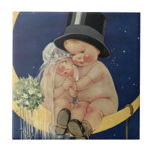 Carreau Mariage Vintage, Joli Marié et Mariée sur une Lune