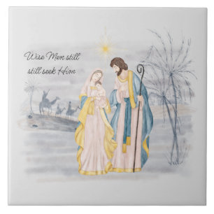 Carreau Marie, Joseph et Jésus bleu et or de vacances
