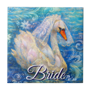 Carreau Mariée de cygne avec voile sur eau bleu blanc pers