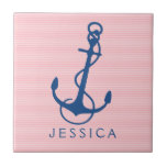 Carreau Marine Bleu Ancre Nautique Bateau Sur Rose<br><div class="desc">Ancrage bleu marine 2 illustration avec motif rayures en étain rose clair et blanc. monogramme personnalisable avec accents bleu marine rayures. Si vous avez besoin d'aide pour customiser un de mes designs,  contactez le concepteur ArtOnWear. Mise en forme de texte gratuite avec aide en direct disponible sur demande.</div>