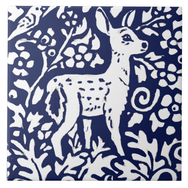 Carreau Marine Bleu Blanc Cerf Faune Bois Animal Trivet (Devant)