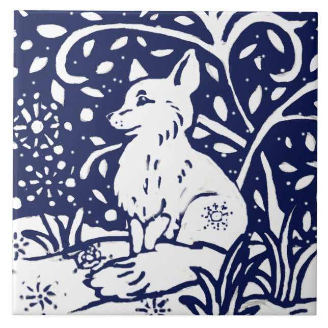 Carreau Marine Bleu Blanc Hiver Renard Forêt Bois Trivet A (Devant)