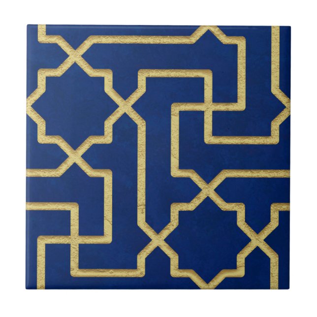 Carreau Marine Blue & Faux Gold Motif de mosaïque marocain (Devant)