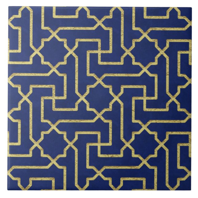 Carreau Marine Blue & Faux Gold Motif de mosaïque marocain (Devant)