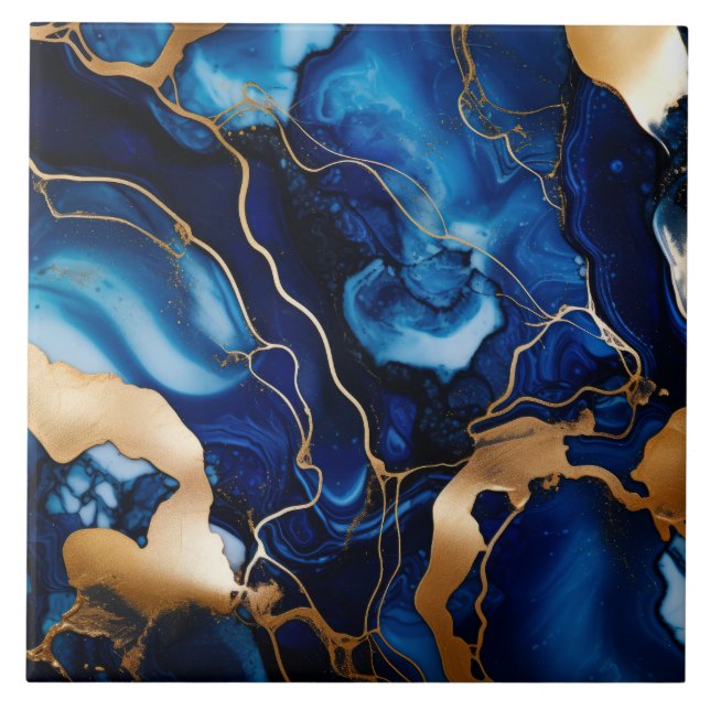 Carreau Marine Blue Gold Marble Alcool Encre Abstraite (Devant)