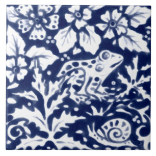 Carreau Marine Blue White Frog Snail Ferme Feuille Cobalt