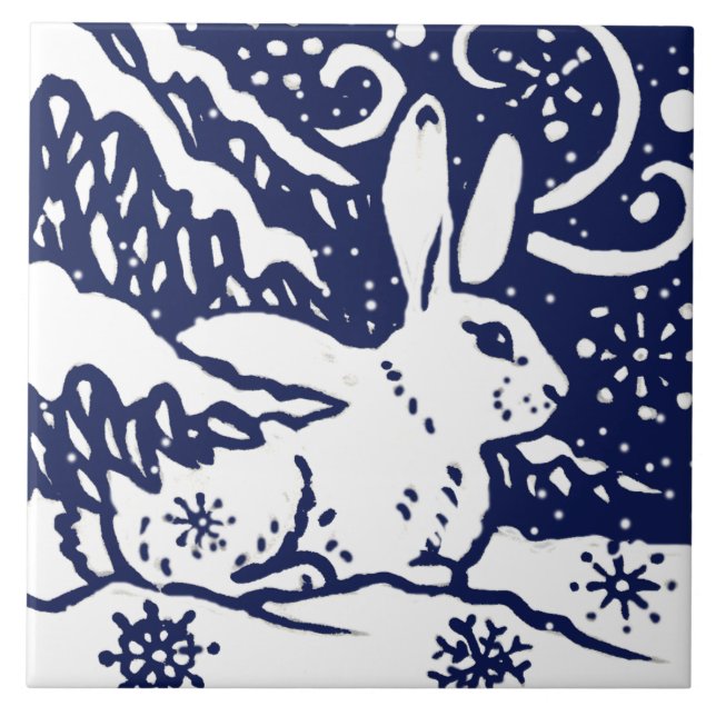 Carreau Marine Blue White Neige Rabat Bois Animal Trivet (Devant)