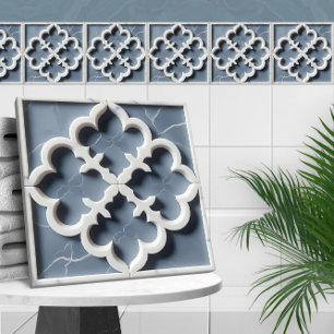 Carreau Marocain Quatrefoil Bleu et Marbre blanc
