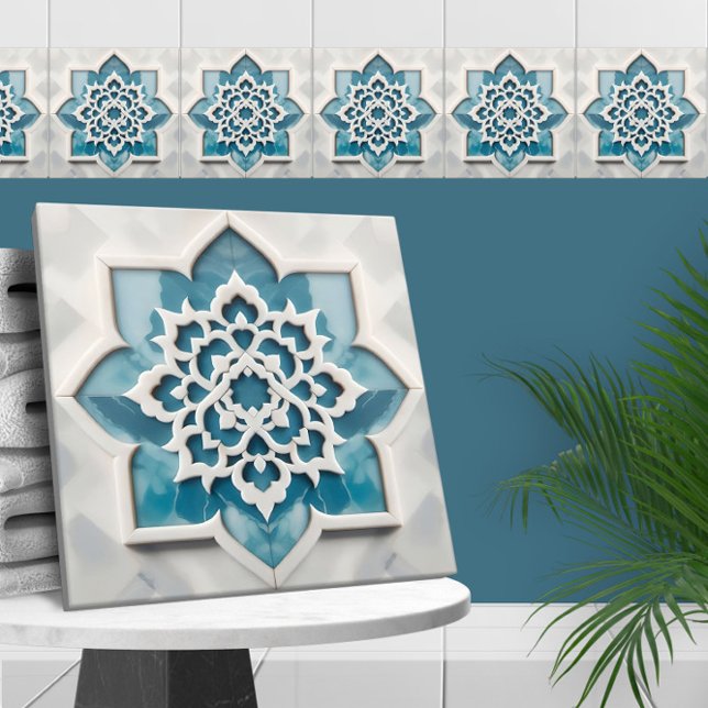 Carreau Marocain Quatrefoil Bleu et Marbre blanc (Créateur téléchargé)