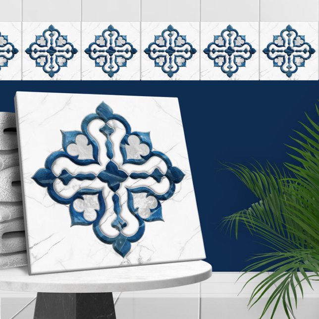 Carreau Marocain Quatrefoil Bleu et Marbre blanc (Créateur téléchargé)