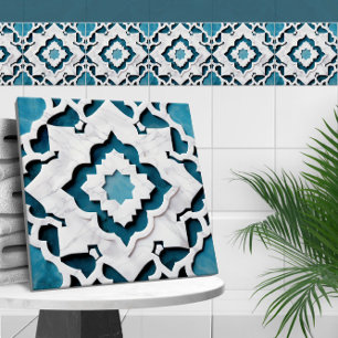 Carreau Marocain Quatrefoil Bleu et Marbre blanc
