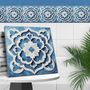 Carreau Marocain Quatrefoil Bleu et Marbre blanc