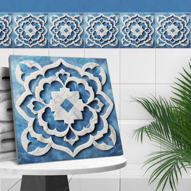 Carreau Marocain Quatrefoil Bleu et Marbre blanc (Créateur téléchargé)