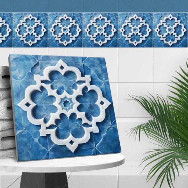 Carreau Marocain Quatrefoil Bleu et Marbre blanc (Créateur téléchargé)