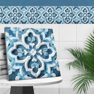 Carreau Marocain Quatrefoil Bleu et Marbre blanc