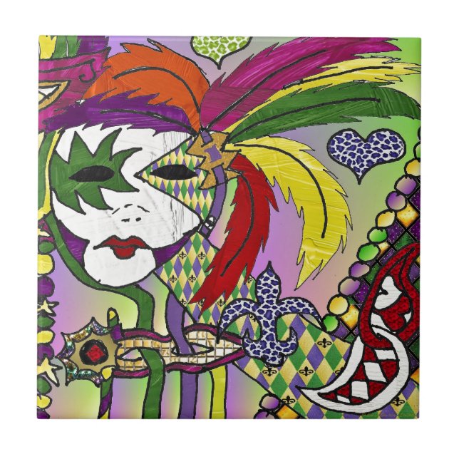 Carreau Masque à plumes de Mardi Gras psychédélique (Devant)