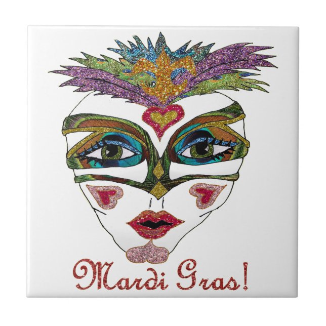 Carreau Masque à plumes pailleté de Mardi Gras coloré (Devant)