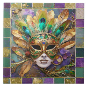 Carreau Masque de plumes de paon vert et or de Mardi Gras