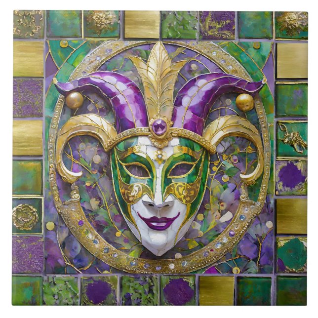 Carreau Masque Mardi Gras Jester Vert Or (Devant)