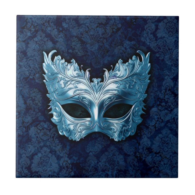 Carreau Masque Vénitien bleu sur fond de damas bleu (Devant)