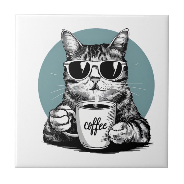 Carreau Matins de chat cool - Café, lunettes de soleil & a (Devant)