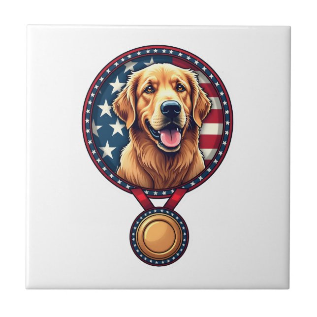 Carreau Médaille de Golden Retriever Patriotique Vintage T (Devant)