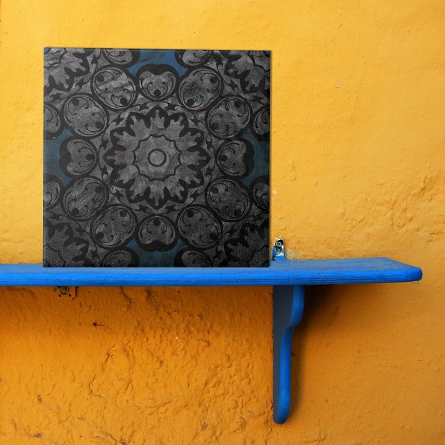 Carreau Médaille Vintage d'argent et de damas noir (Créateur téléchargé)