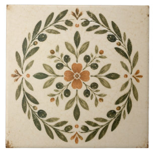Carreau Médaillon de couronne florale à feuilles d'olive