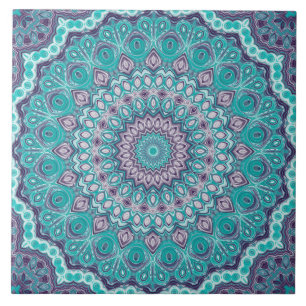 Carreau Médaillon de kaléidoscope de mandala bleu et viole