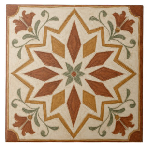 Carreau Médaillon étoile florale géométrique en terracotta