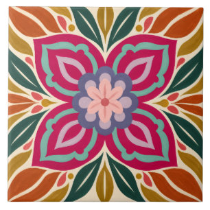 Carreau Médaillon floral d'art populaire symétrique