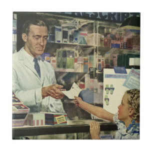 Carreau Médecine vintage, pharmacienne et fille en pharmac