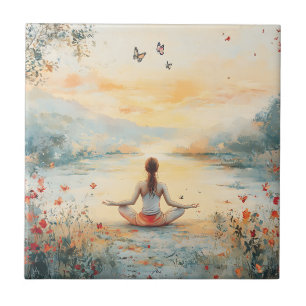 Carreau Méditation de Prairie de Coucher de Soleil avec Pa