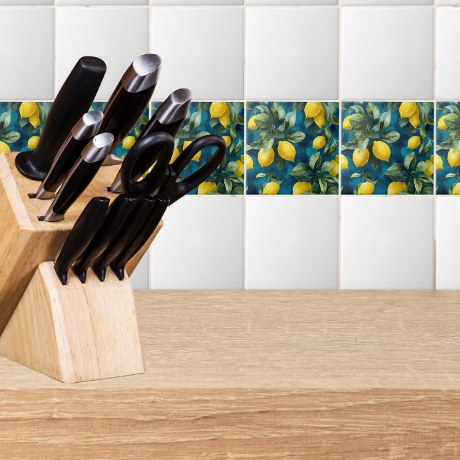 Carreau Mediterranean Lemon Watercolor Blue Yellow Pattern (Créateur téléchargé)