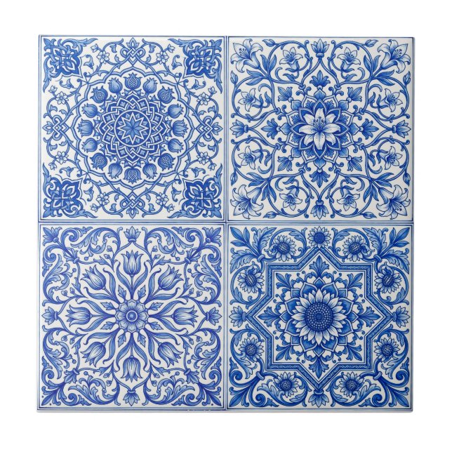 Carreau méditerranéen bleu blanc motif botanique (Devant)