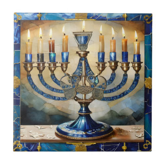 Carreau Menorah de Hanukkah bleue