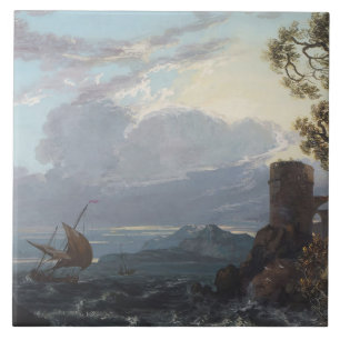 Carreau Mer orageuse avec ruine et figures du château (c.1