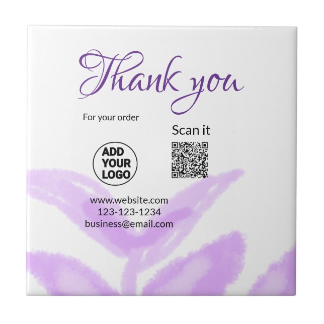 Carreau Merci pour la commande scan QR logo feuilles viole (Devant)