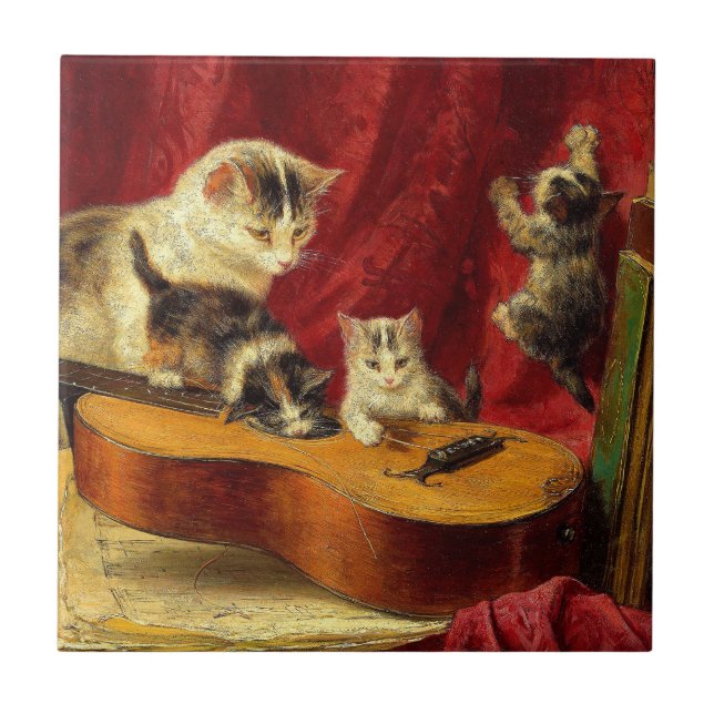 Carreau Mère Chat et chatons Jouer avec la guitare (Devant)