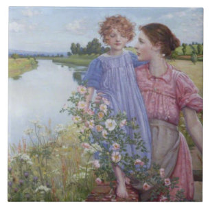 Carreau Mère et enfant au bord d'une rivière avec des Rose
