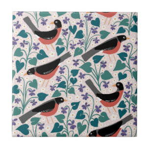Carreau Merle américain Anémone Violette Oiseau Fleur