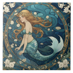 Carreau Mermaid Art Nouveau Art Déco Style Bleu