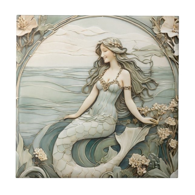 Carreau Mermaid Art Nouveau Faux Relief Mint Océan Mer (Devant)