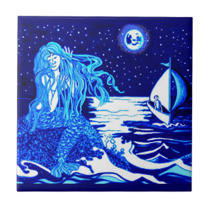 Carreau Mermaid et marin, nuit lune